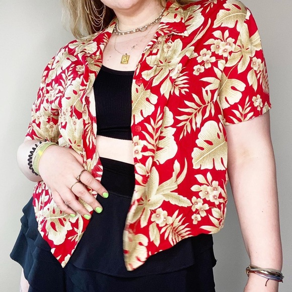 red & tan semi-crop hawaiian print shirt size xxl - Picture 2 of 4
